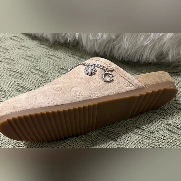 Guess Beige Suede Charm-Embellished Slip-On Mules - Picture 4 of 7